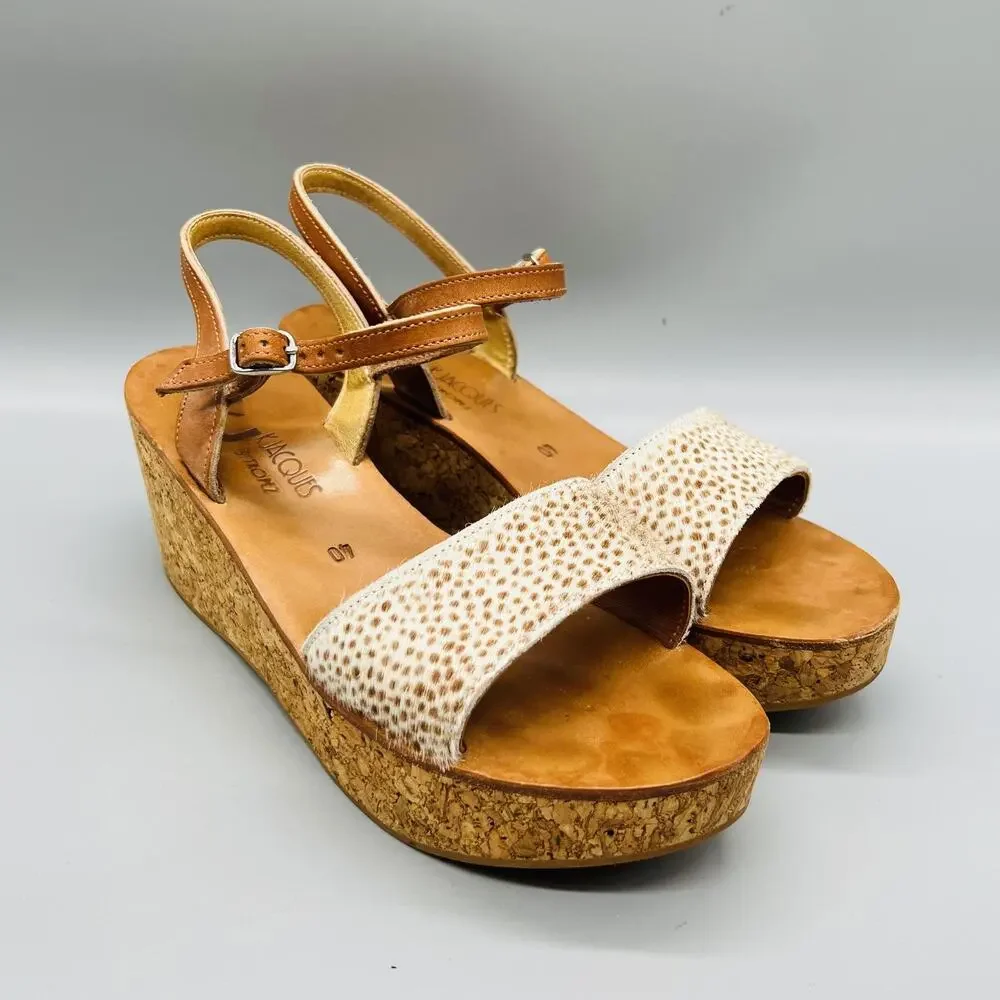 K Jacques St Tropez Sandals Womens 9 Brown Leather Cork Platform Wedge Shoes